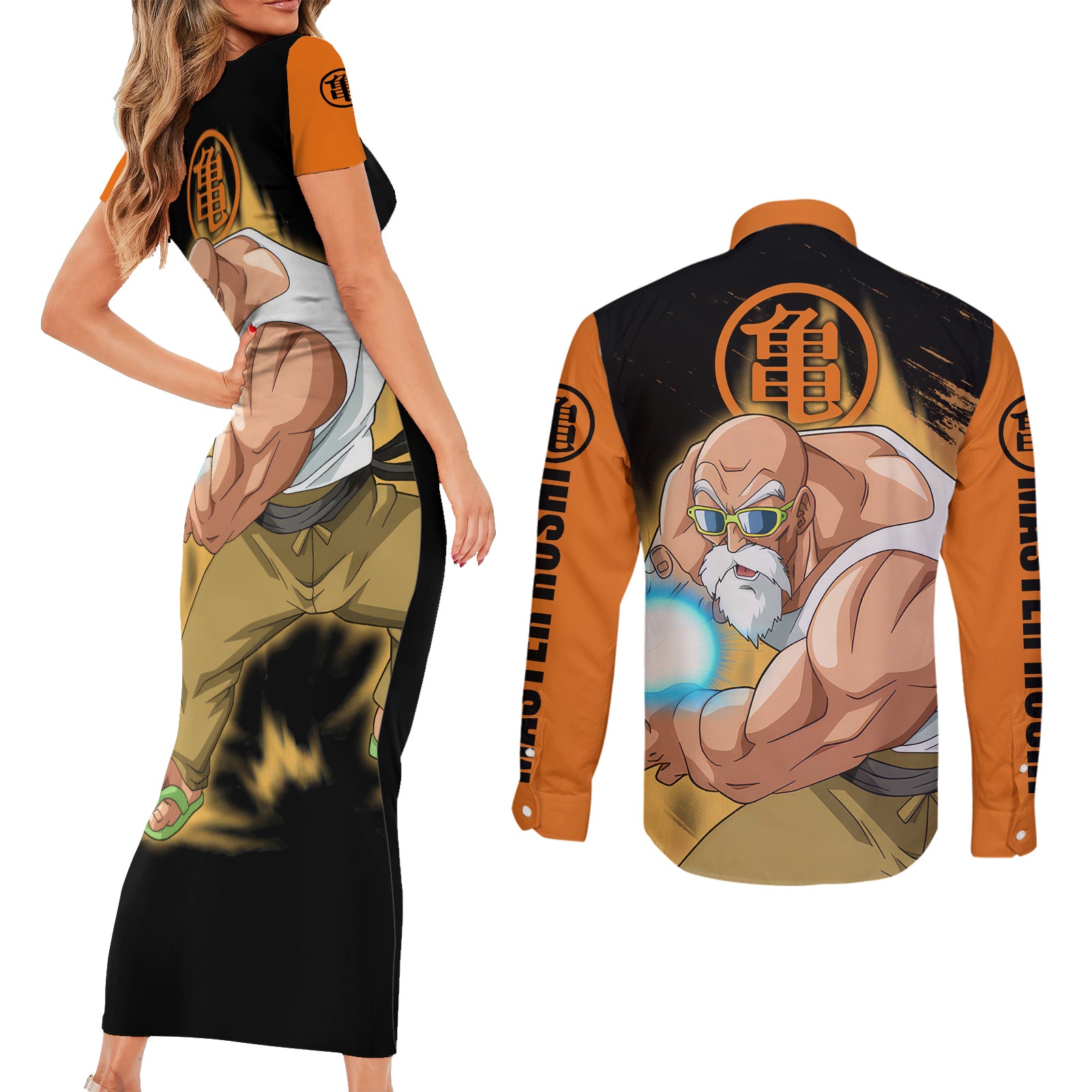 Master Roshi - Dragon Ball Couples Matching Short Sleeve Bodycon Dress and Long Sleeve Button Shirt