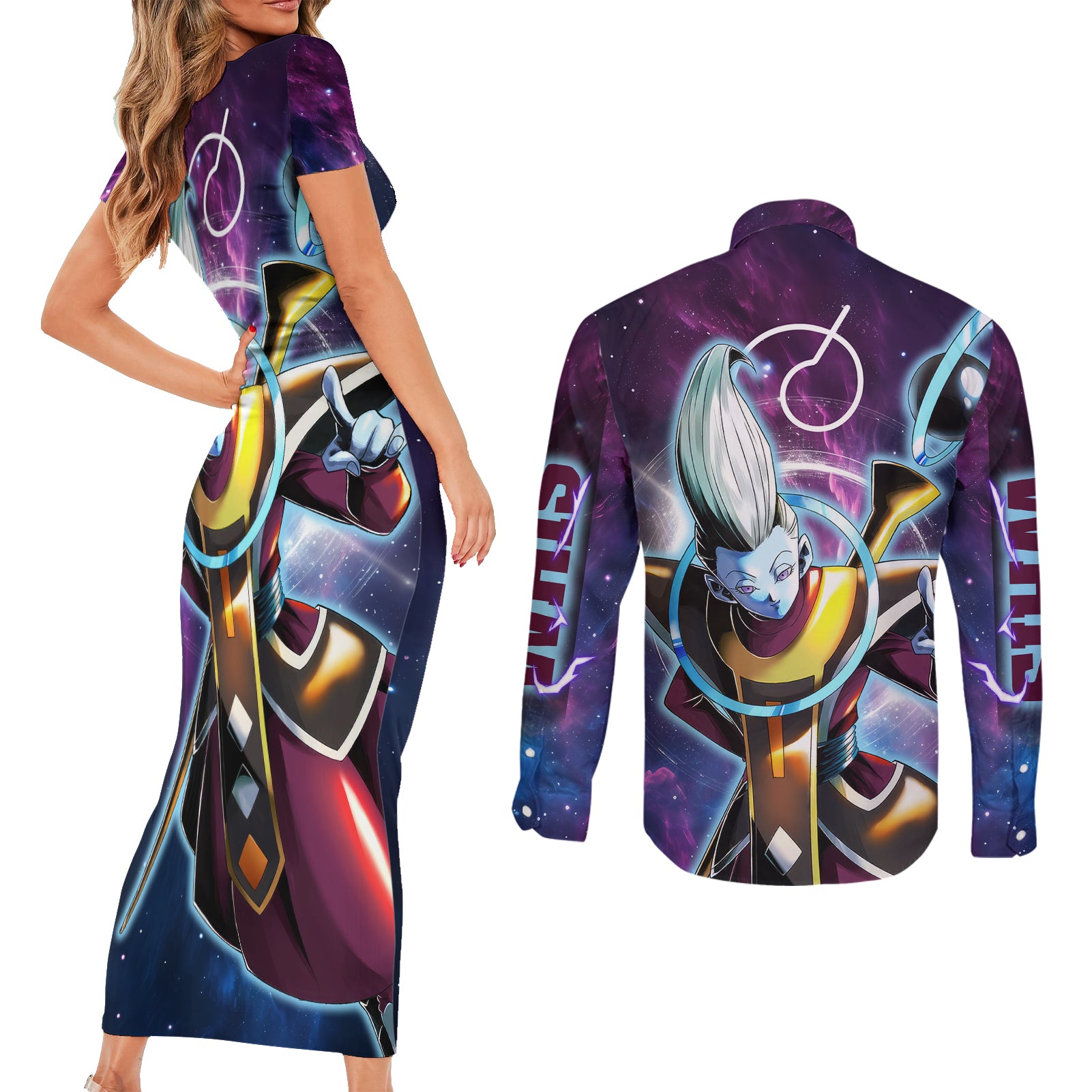 Whis - Dragon Ball Couples Matching Short Sleeve Bodycon Dress and Long Sleeve Button Shirt