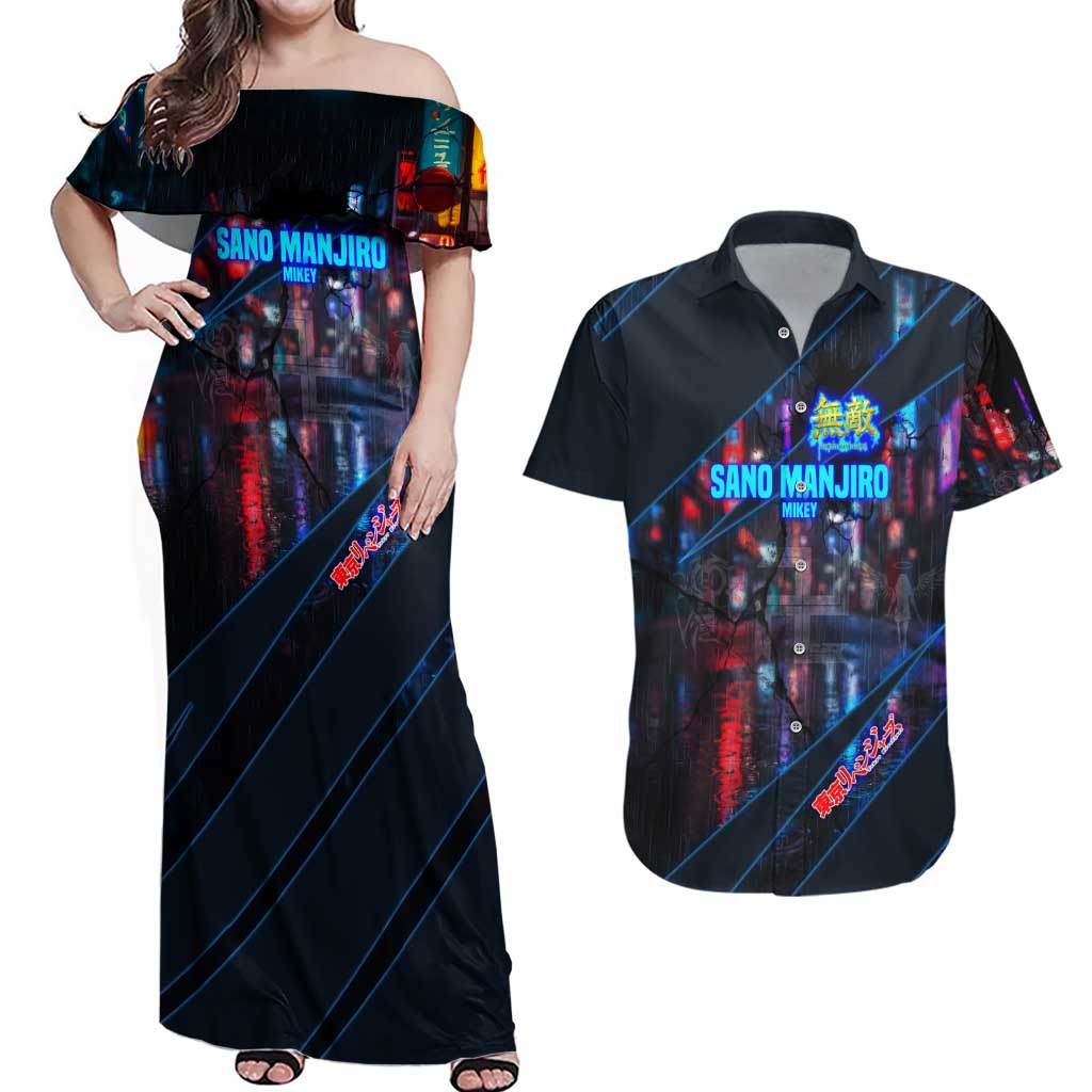 Sano Manjiro Mikey Couples Matching Off Shoulder Maxi Dress and Hawaiian Shirt Neon Tokyo Gang Aesthetic Style
