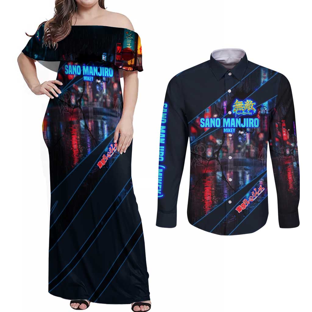 Sano Manjiro Mikey Couples Matching Off Shoulder Maxi Dress and Long Sleeve Button Shirt Neon Tokyo Gang Aesthetic Style