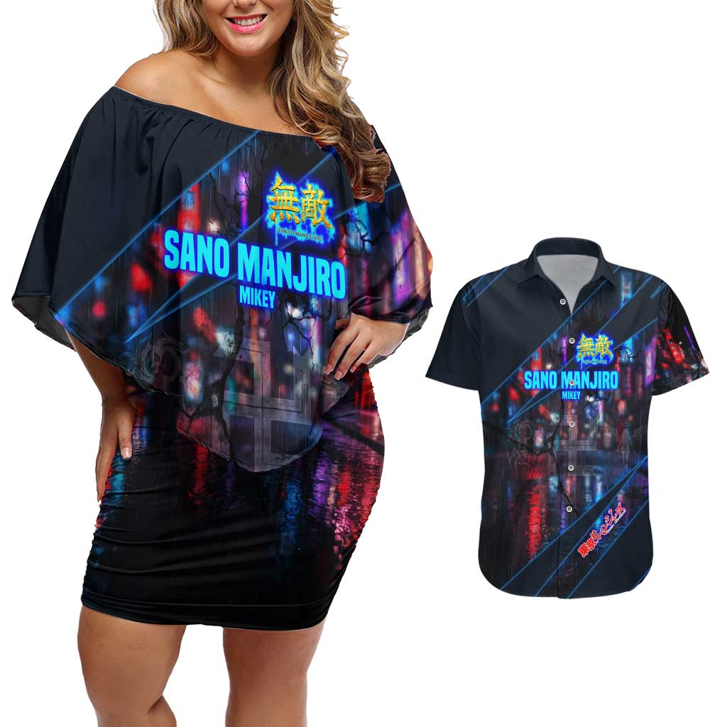 Sano Manjiro Mikey Couples Matching Off Shoulder Short Dress and Hawaiian Shirt Neon Tokyo Gang Aesthetic Style