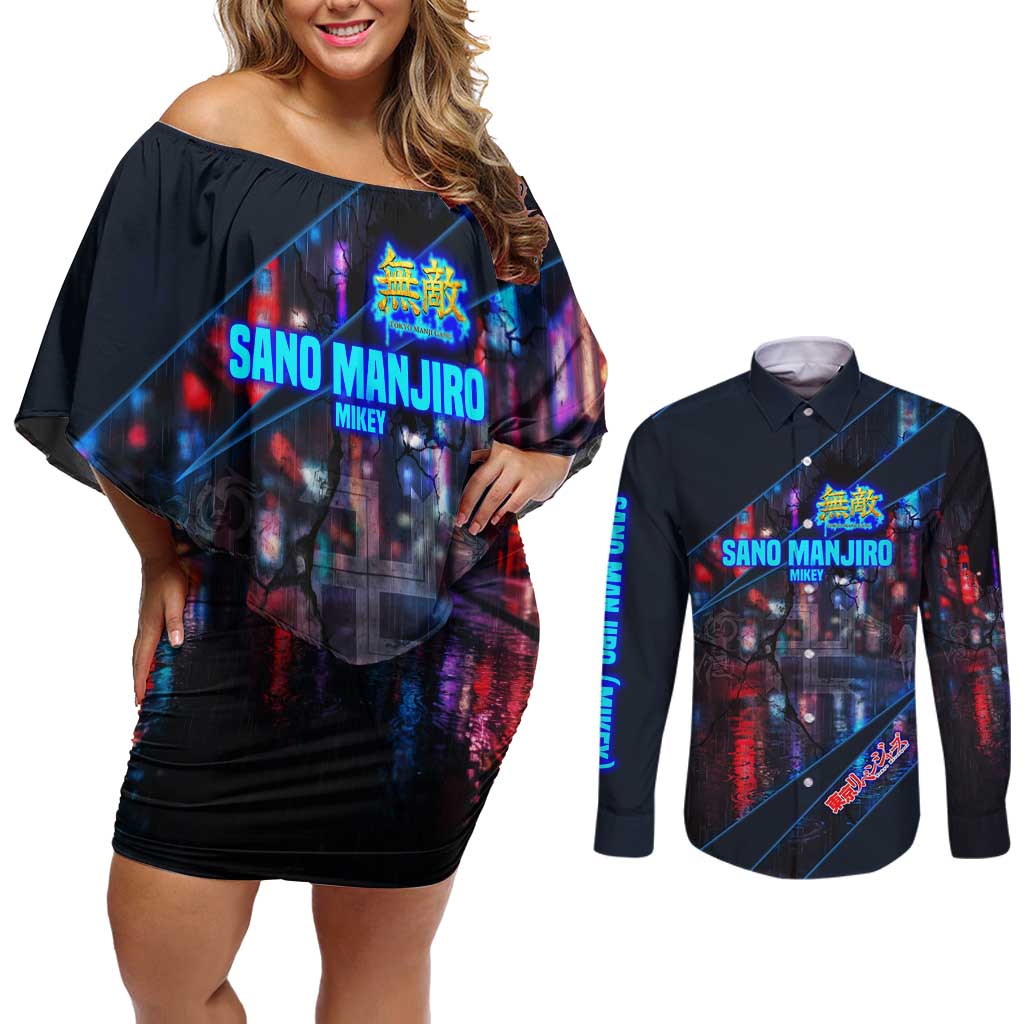 Sano Manjiro Mikey Couples Matching Off Shoulder Short Dress and Long Sleeve Button Shirt Neon Tokyo Gang Aesthetic Style