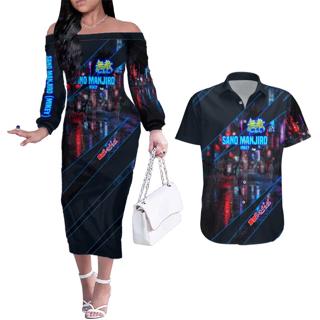 Sano Manjiro Mikey Couples Matching Off The Shoulder Long Sleeve Dress and Hawaiian Shirt Neon Tokyo Gang Aesthetic Style