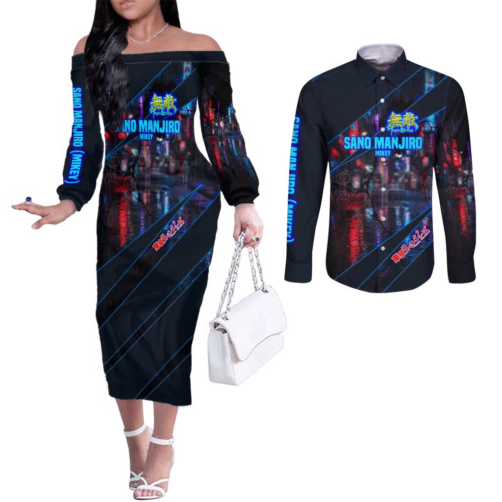 Sano Manjiro Mikey Couples Matching Off The Shoulder Long Sleeve Dress and Long Sleeve Button Shirt Neon Tokyo Gang Aesthetic Style