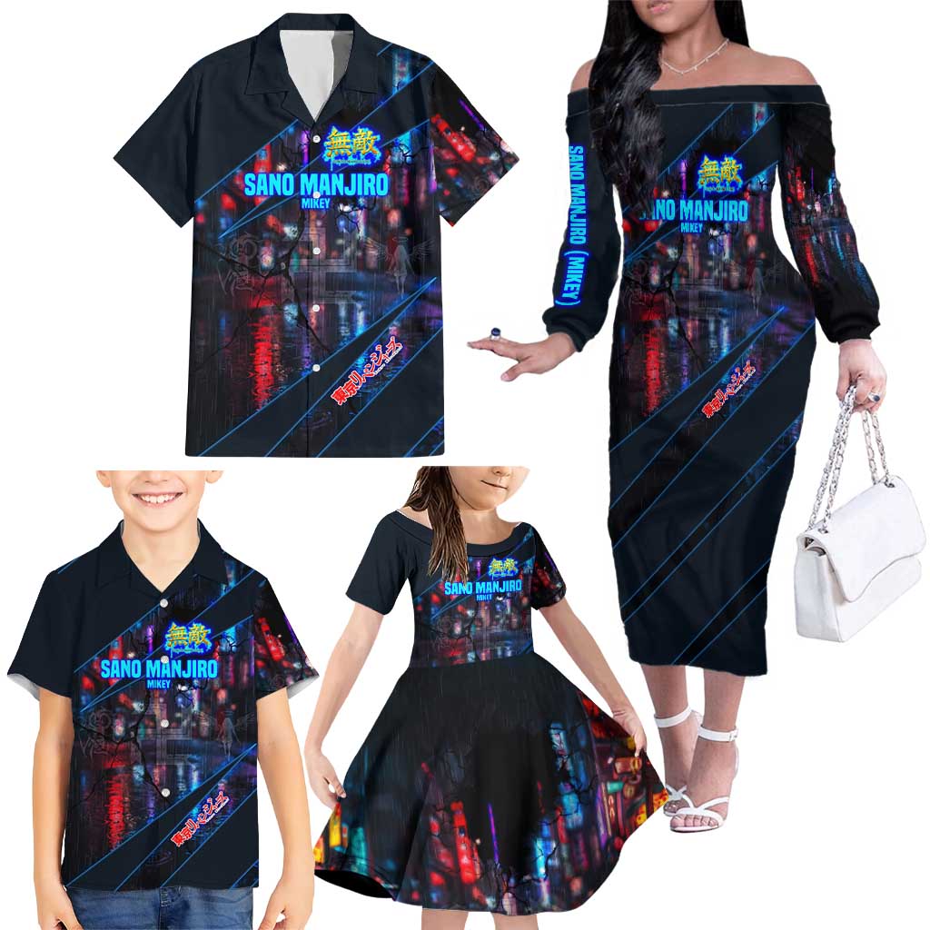 Sano Manjiro Mikey Family Matching Off The Shoulder Long Sleeve Dress and Hawaiian Shirt Neon Tokyo Gang Aesthetic Style