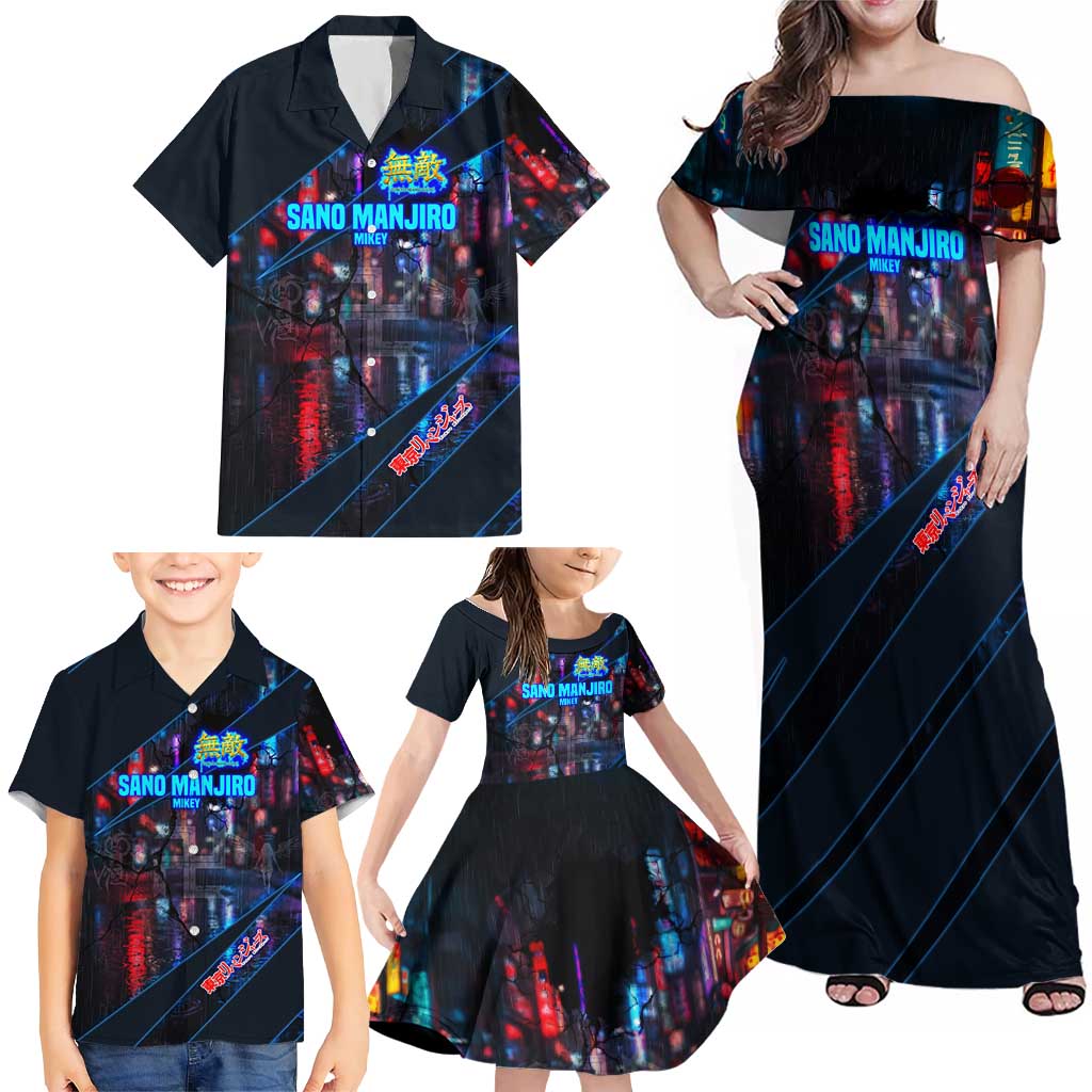 Sano Manjiro Mikey Family Matching Off Shoulder Maxi Dress and Hawaiian Shirt Neon Tokyo Gang Aesthetic Style
