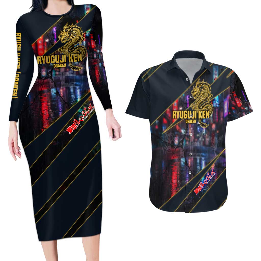 Ryuguji Ken Draken Couples Matching Long Sleeve Bodycon Dress and Hawaiian Shirt Neon Dragon Yakuza Art Style