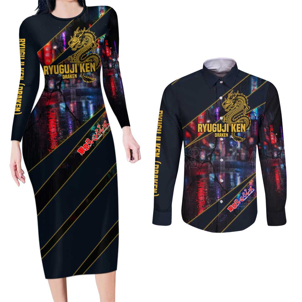 Ryuguji Ken Draken Couples Matching Long Sleeve Bodycon Dress and Long Sleeve Button Shirt Neon Dragon Yakuza Art Style
