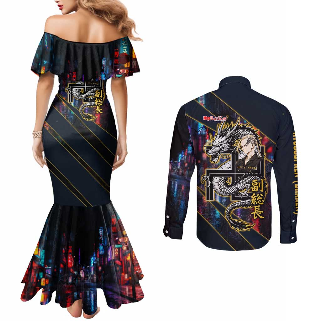 Ryuguji Ken Draken Couples Matching Mermaid Dress and Long Sleeve Button Shirt Neon Dragon Yakuza Art Style