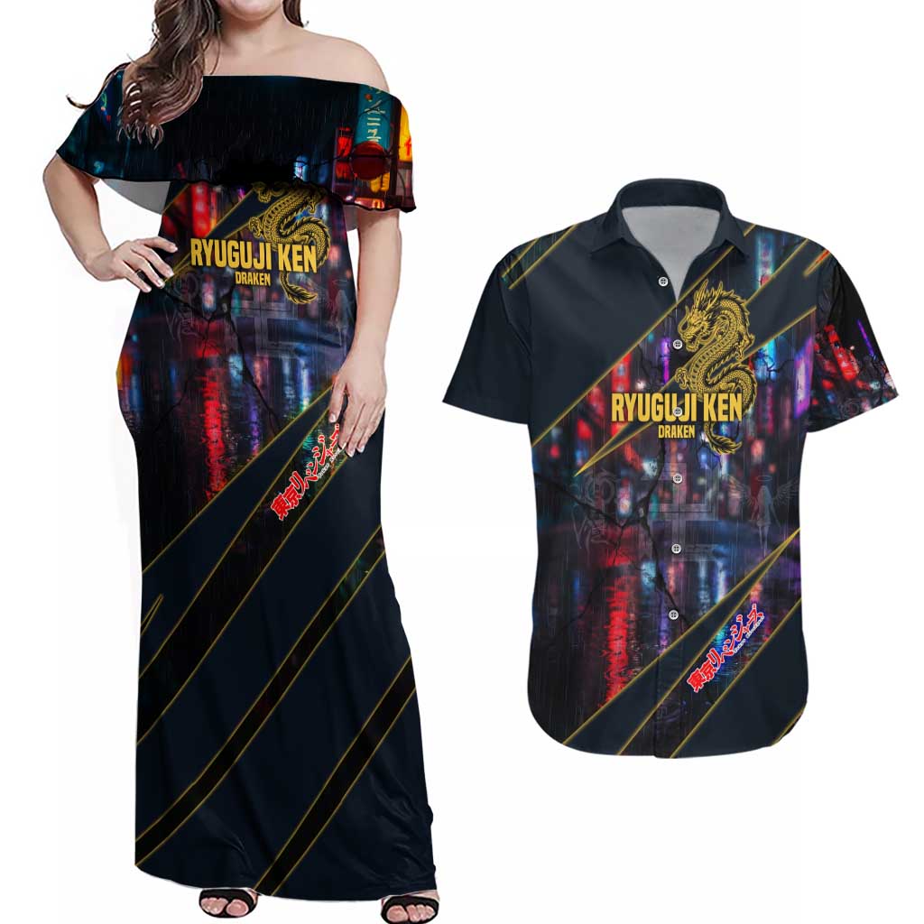 Ryuguji Ken Draken Couples Matching Off Shoulder Maxi Dress and Hawaiian Shirt Neon Dragon Yakuza Art Style