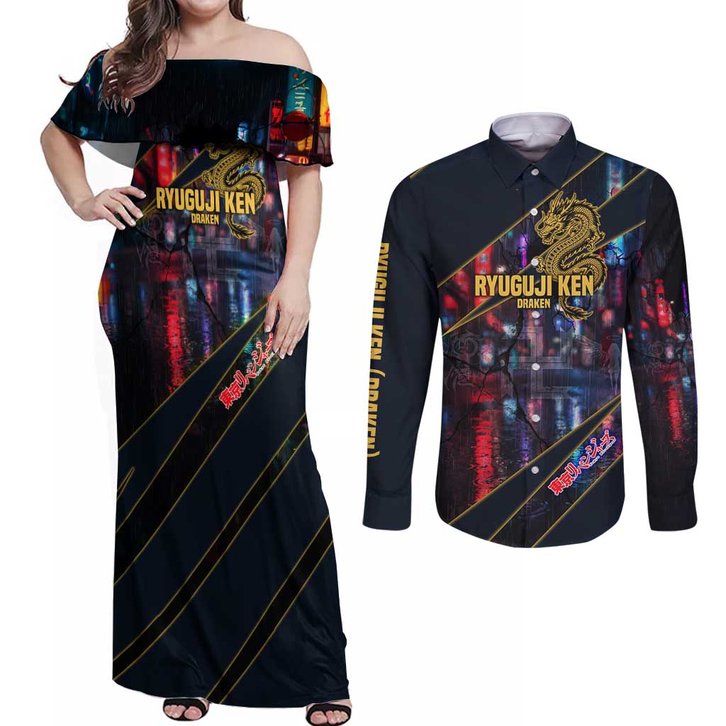 Ryuguji Ken Draken Couples Matching Off Shoulder Maxi Dress and Long Sleeve Button Shirt Neon Dragon Yakuza Art Style