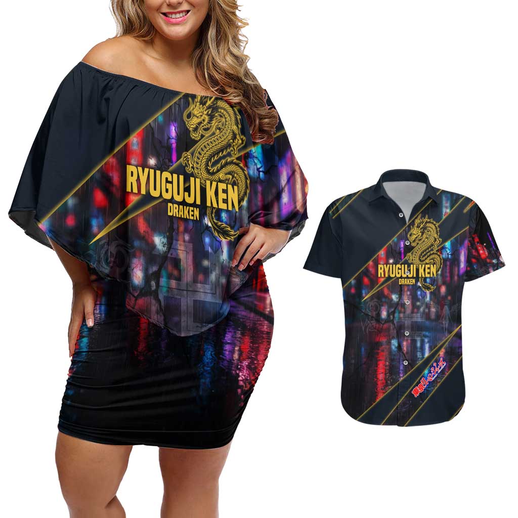 Ryuguji Ken Draken Couples Matching Off Shoulder Short Dress and Hawaiian Shirt Neon Dragon Yakuza Art Style