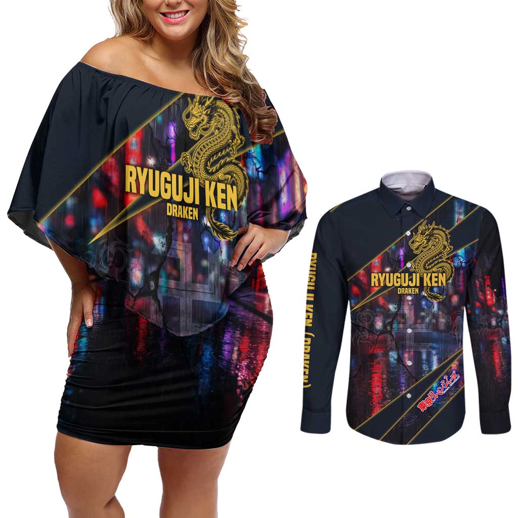 Ryuguji Ken Draken Couples Matching Off Shoulder Short Dress and Long Sleeve Button Shirt Neon Dragon Yakuza Art Style