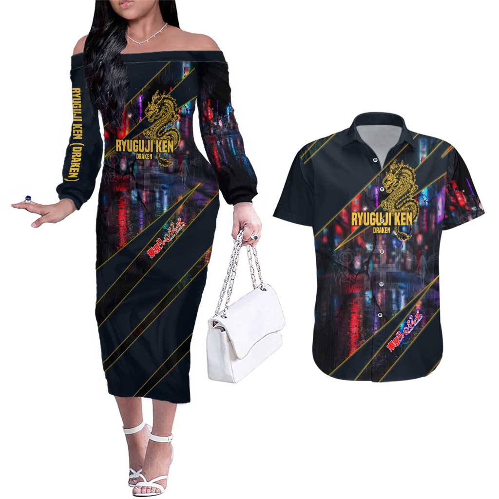 Ryuguji Ken Draken Couples Matching Off The Shoulder Long Sleeve Dress and Hawaiian Shirt Neon Dragon Yakuza Art Style