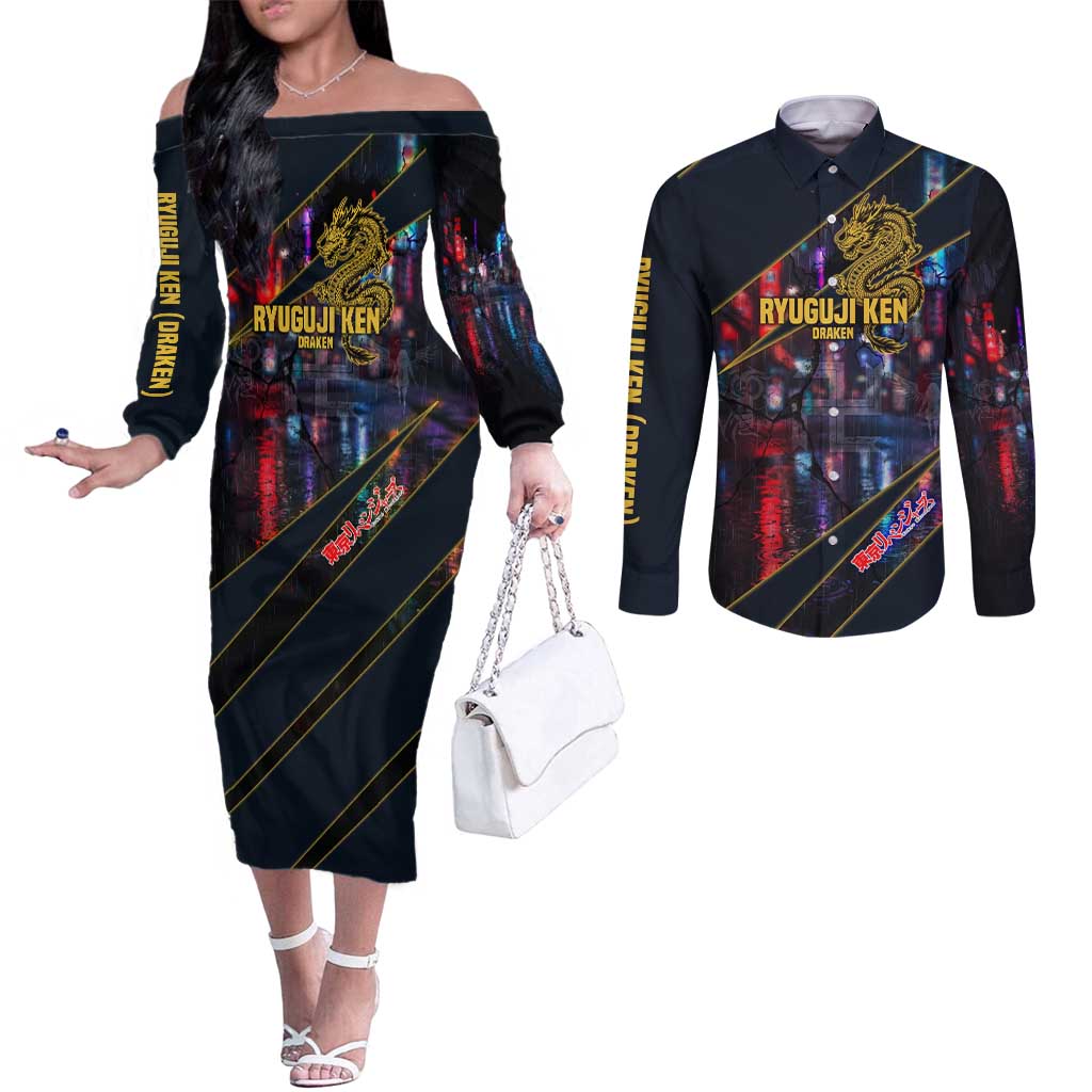 Ryuguji Ken Draken Couples Matching Off The Shoulder Long Sleeve Dress and Long Sleeve Button Shirt Neon Dragon Yakuza Art Style