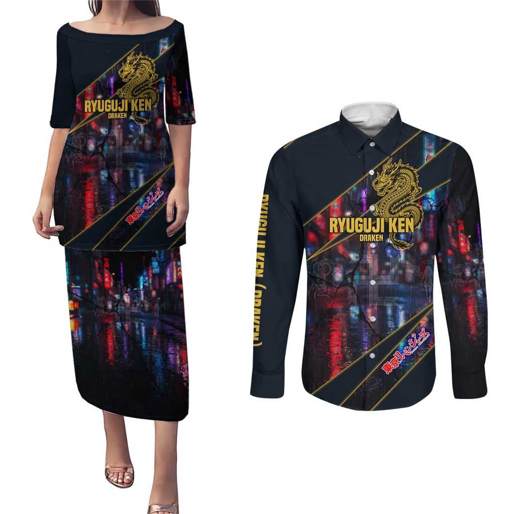 Ryuguji Ken Draken Couples Matching Puletasi and Long Sleeve Button Shirt Neon Dragon Yakuza Art Style