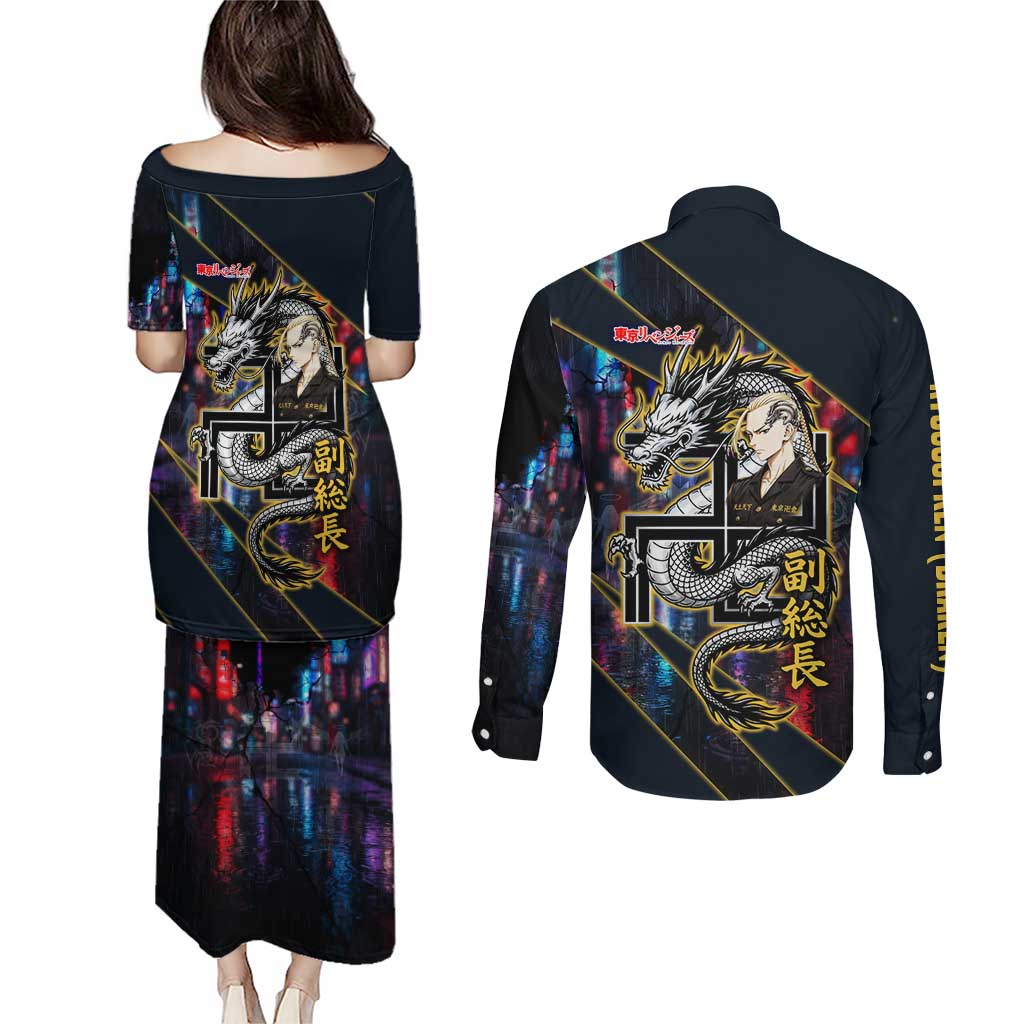 Ryuguji Ken Draken Couples Matching Puletasi and Long Sleeve Button Shirt Neon Dragon Yakuza Art Style