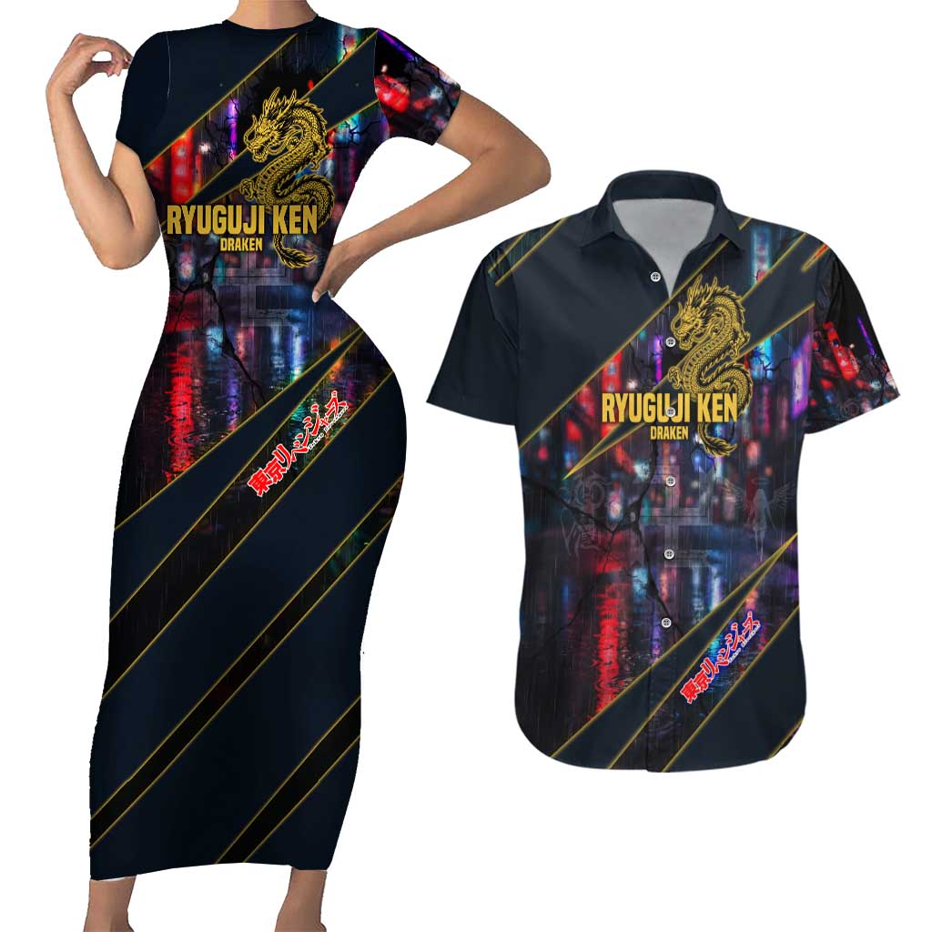 Ryuguji Ken Draken Couples Matching Short Sleeve Bodycon Dress and Hawaiian Shirt Neon Dragon Yakuza Art Style