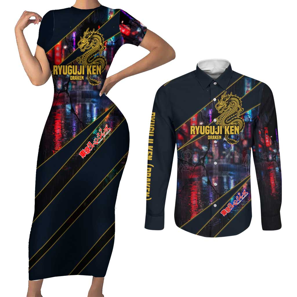 Ryuguji Ken Draken Couples Matching Short Sleeve Bodycon Dress and Long Sleeve Button Shirt Neon Dragon Yakuza Art Style