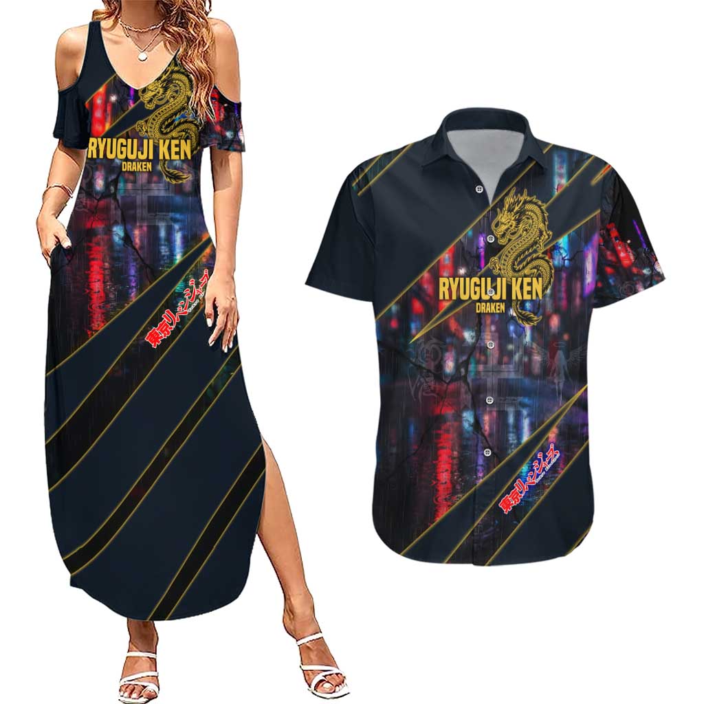 Ryuguji Ken Draken Couples Matching Summer Maxi Dress and Hawaiian Shirt Neon Dragon Yakuza Art Style