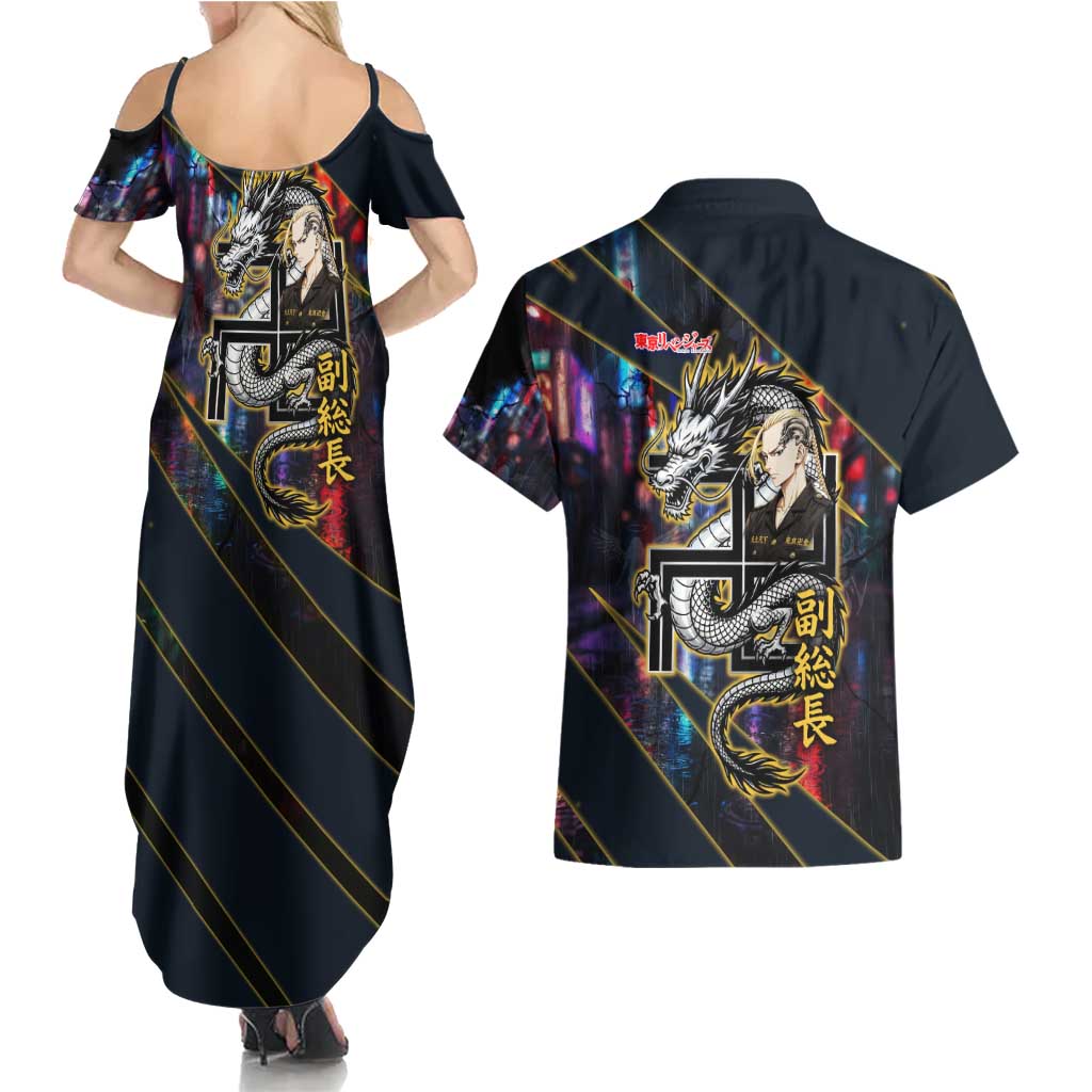 Ryuguji Ken Draken Couples Matching Summer Maxi Dress and Hawaiian Shirt Neon Dragon Yakuza Art Style