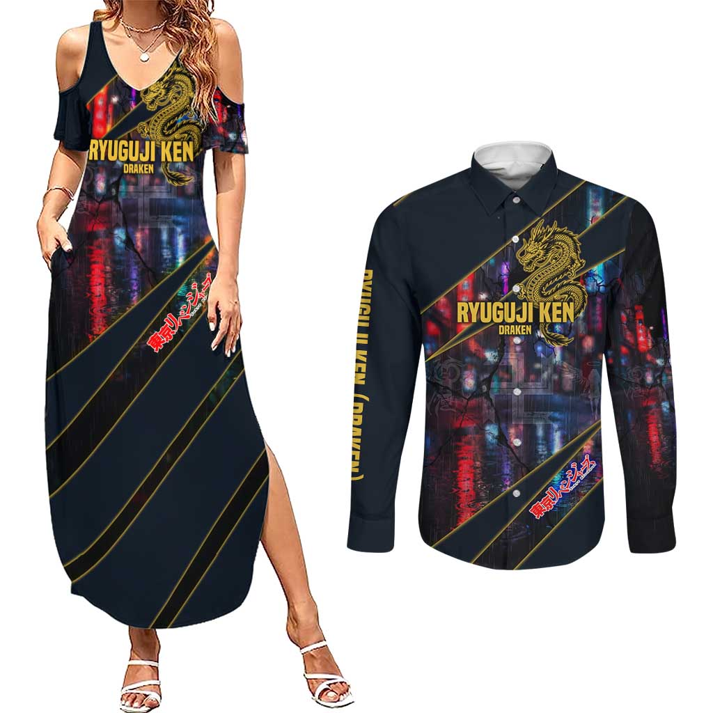 Ryuguji Ken Draken Couples Matching Summer Maxi Dress and Long Sleeve Button Shirt Neon Dragon Yakuza Art Style