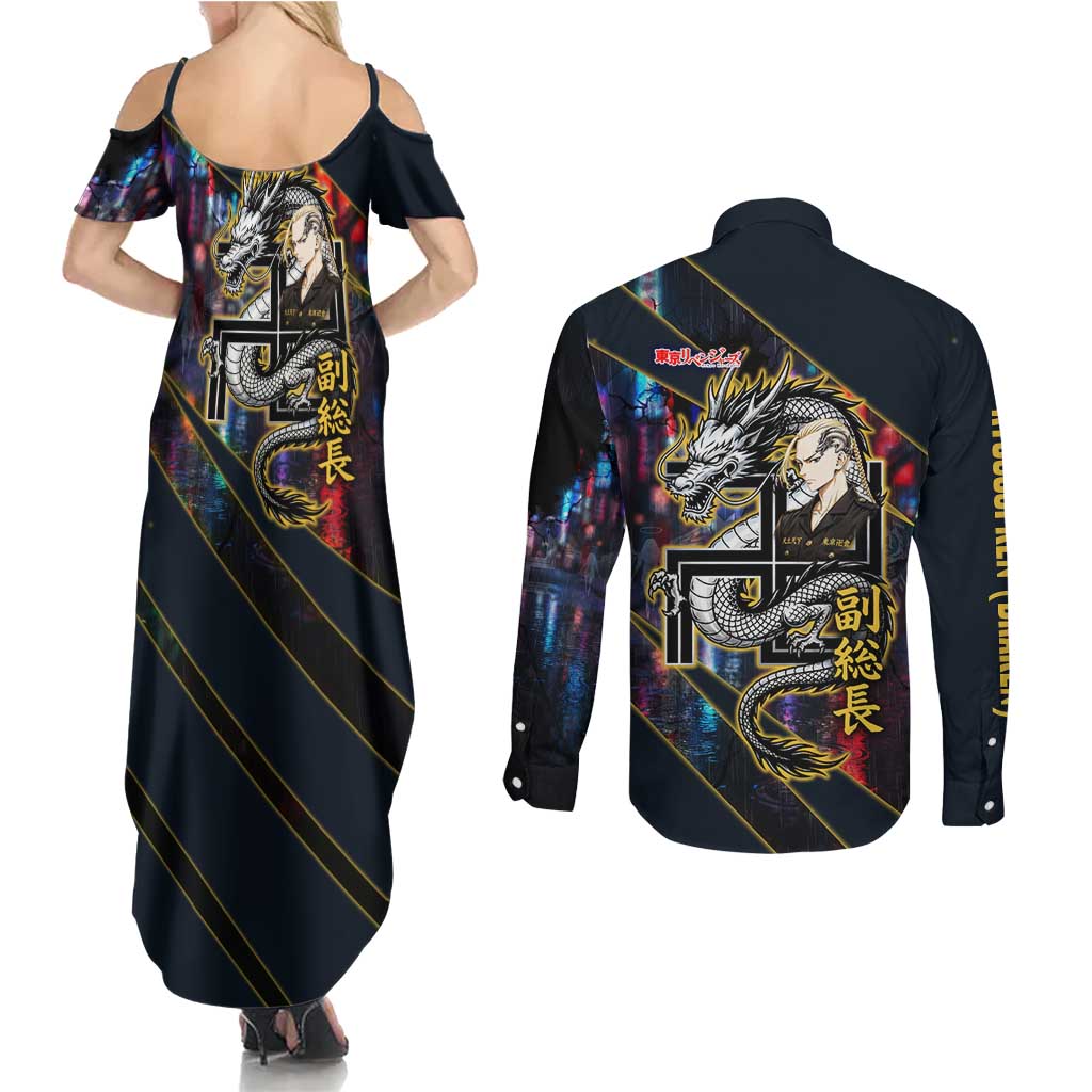 Ryuguji Ken Draken Couples Matching Summer Maxi Dress and Long Sleeve Button Shirt Neon Dragon Yakuza Art Style