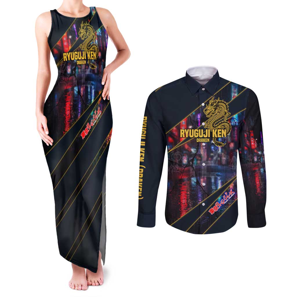 Ryuguji Ken Draken Couples Matching Tank Maxi Dress and Long Sleeve Button Shirt Neon Dragon Yakuza Art Style