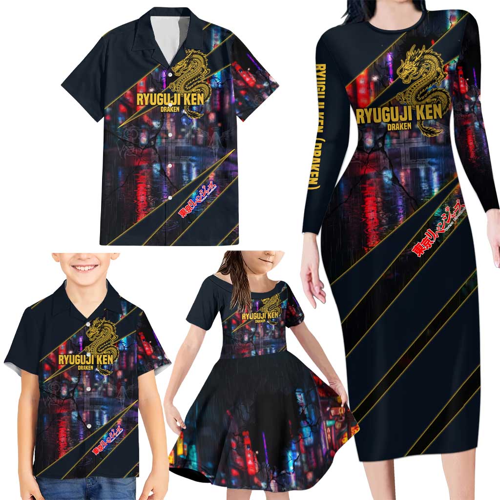 Ryuguji Ken Draken Family Matching Long Sleeve Bodycon Dress and Hawaiian Shirt Neon Dragon Yakuza Art Style