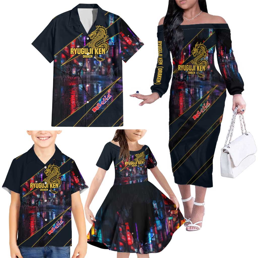 Ryuguji Ken Draken Family Matching Off The Shoulder Long Sleeve Dress and Hawaiian Shirt Neon Dragon Yakuza Art Style