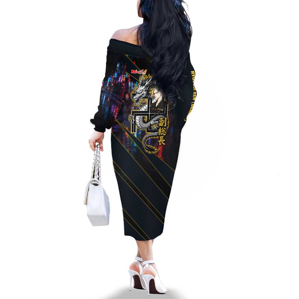 Ryuguji Ken Draken Family Matching Off The Shoulder Long Sleeve Dress and Hawaiian Shirt Neon Dragon Yakuza Art Style