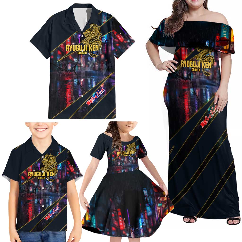 Ryuguji Ken Draken Family Matching Off Shoulder Maxi Dress and Hawaiian Shirt Neon Dragon Yakuza Art Style