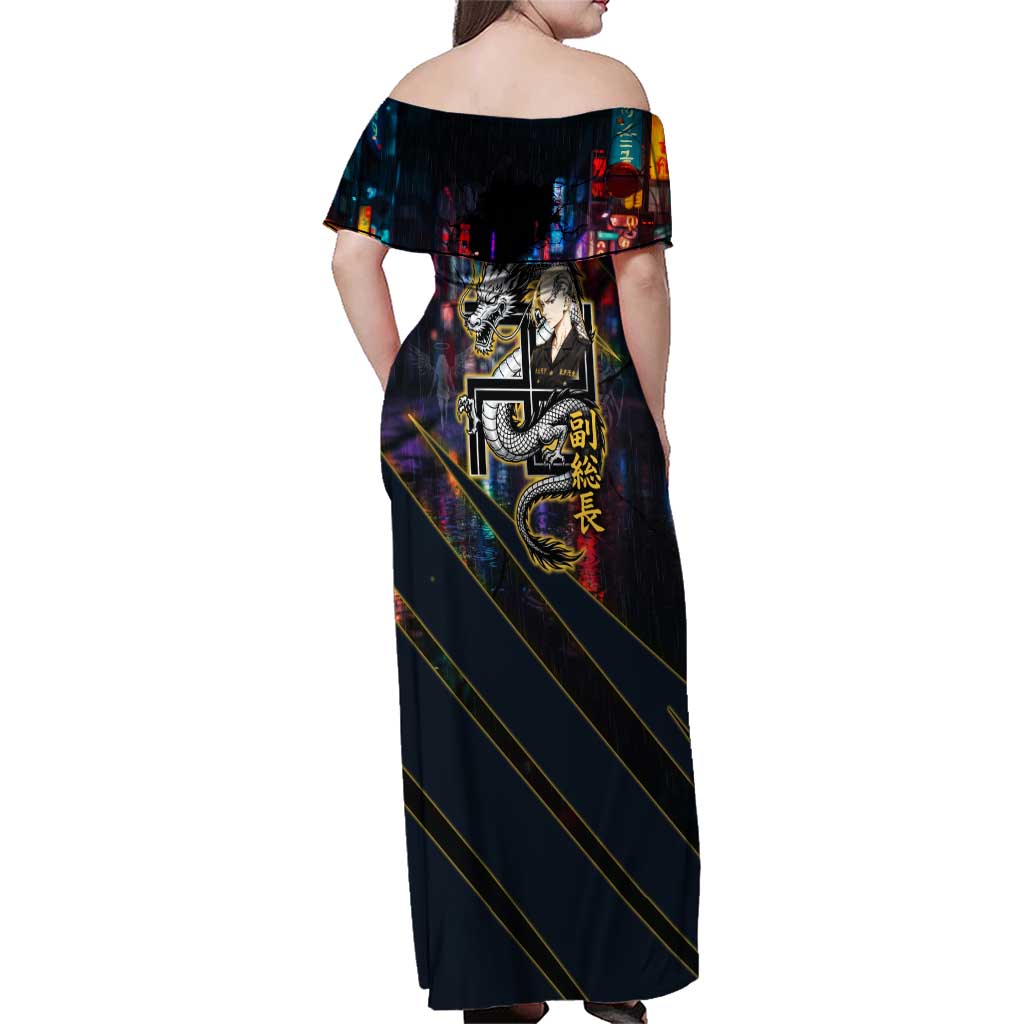 Ryuguji Ken Draken Family Matching Off Shoulder Maxi Dress and Hawaiian Shirt Neon Dragon Yakuza Art Style
