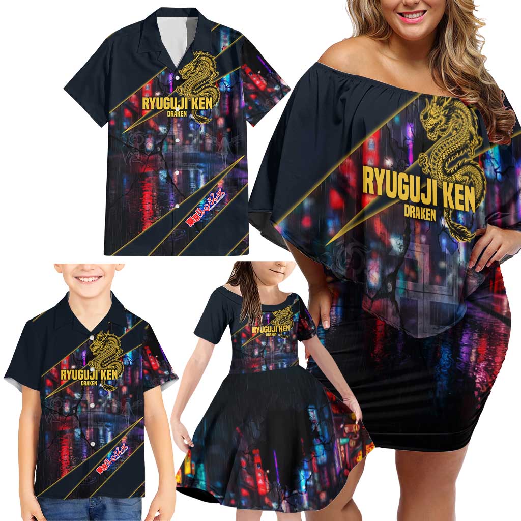 Ryuguji Ken Draken Family Matching Off Shoulder Short Dress and Hawaiian Shirt Neon Dragon Yakuza Art Style