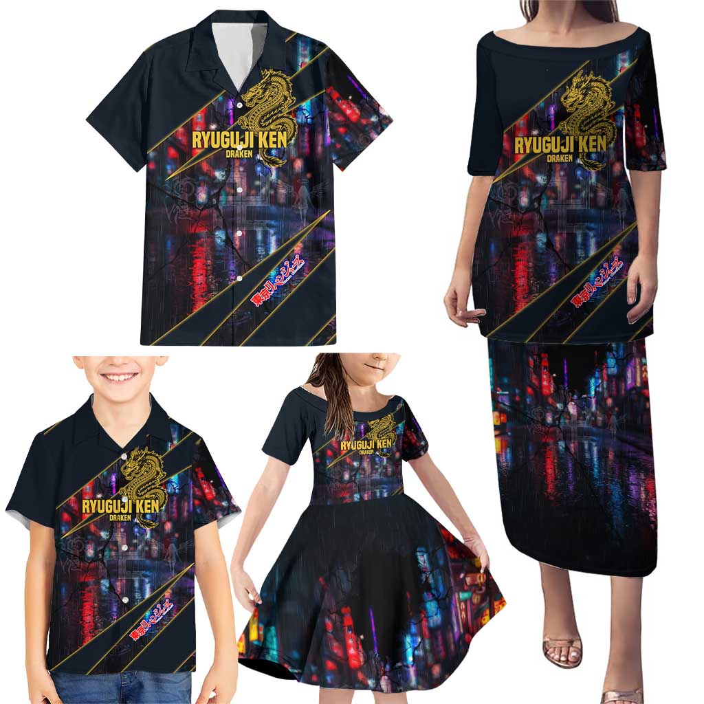 Ryuguji Ken Draken Family Matching Puletasi and Hawaiian Shirt Neon Dragon Yakuza Art Style