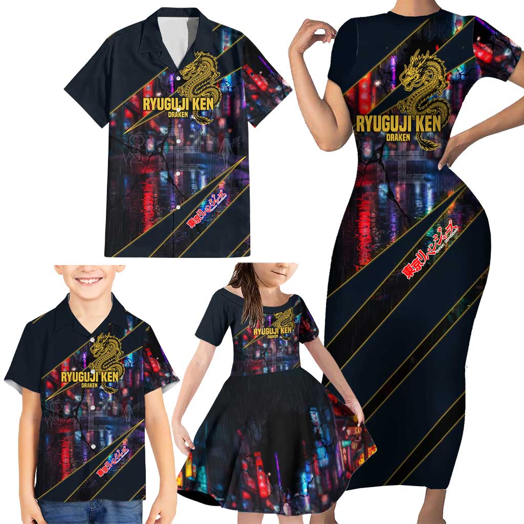 Ryuguji Ken Draken Family Matching Short Sleeve Bodycon Dress and Hawaiian Shirt Neon Dragon Yakuza Art Style