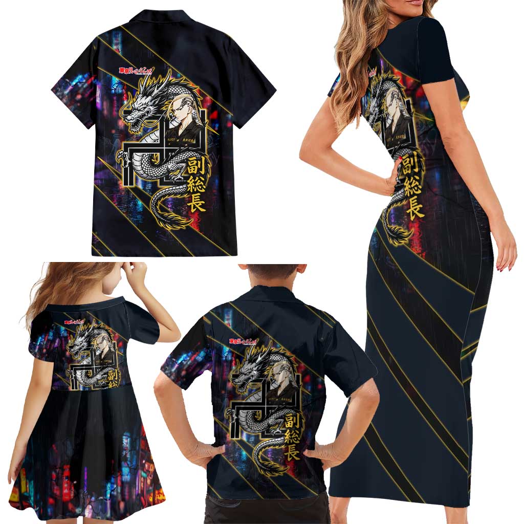Ryuguji Ken Draken Family Matching Short Sleeve Bodycon Dress and Hawaiian Shirt Neon Dragon Yakuza Art Style