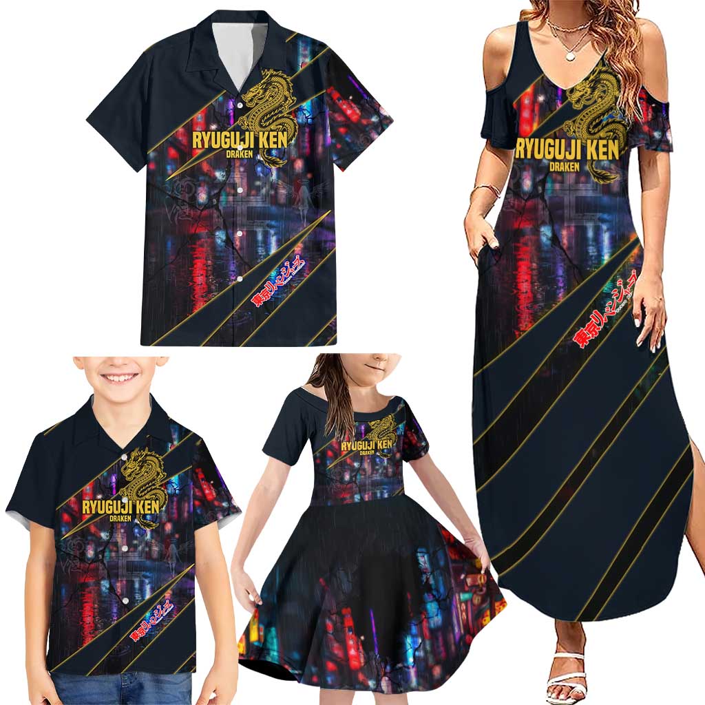 Ryuguji Ken Draken Family Matching Summer Maxi Dress and Hawaiian Shirt Neon Dragon Yakuza Art Style