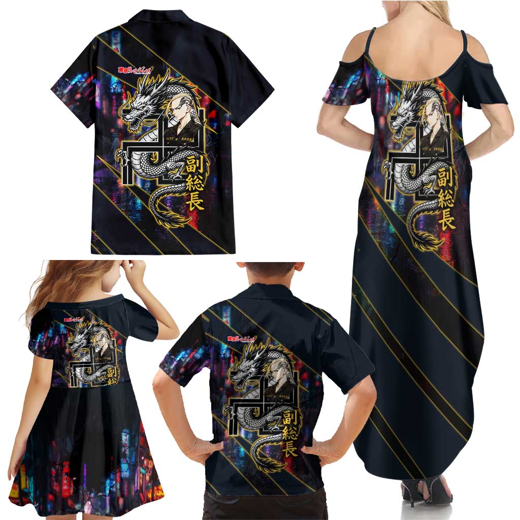 Ryuguji Ken Draken Family Matching Summer Maxi Dress and Hawaiian Shirt Neon Dragon Yakuza Art Style