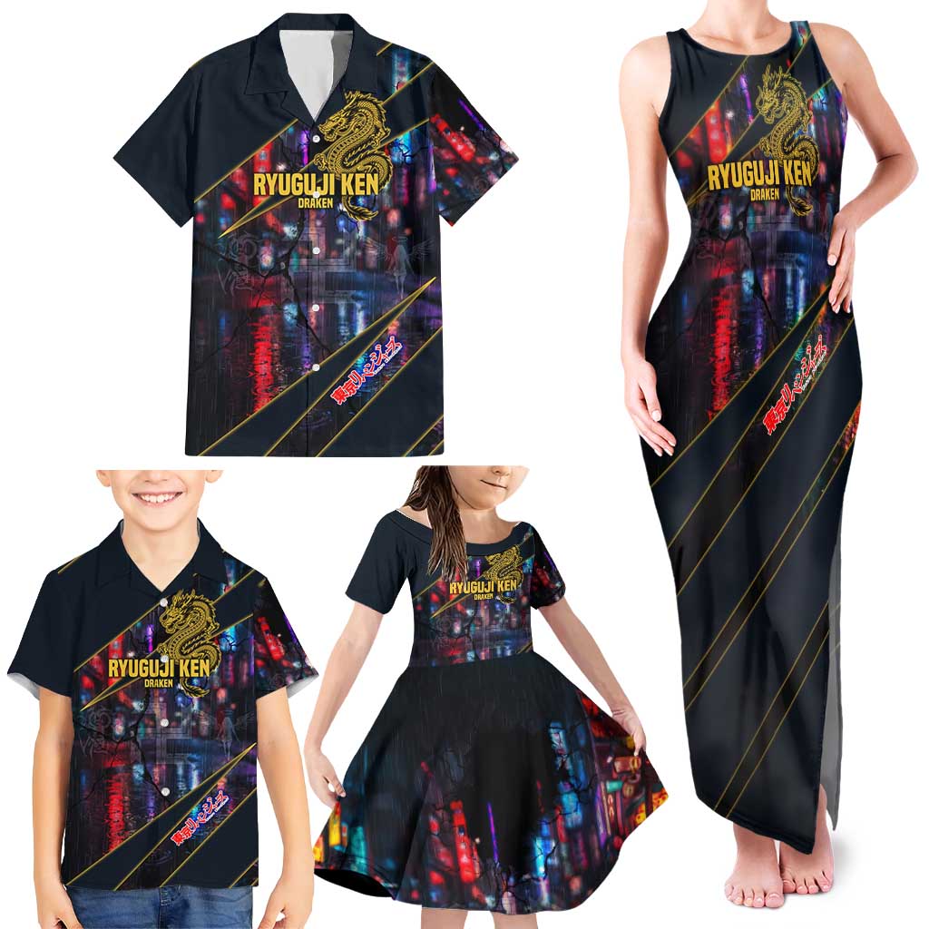 Ryuguji Ken Draken Family Matching Tank Maxi Dress and Hawaiian Shirt Neon Dragon Yakuza Art Style