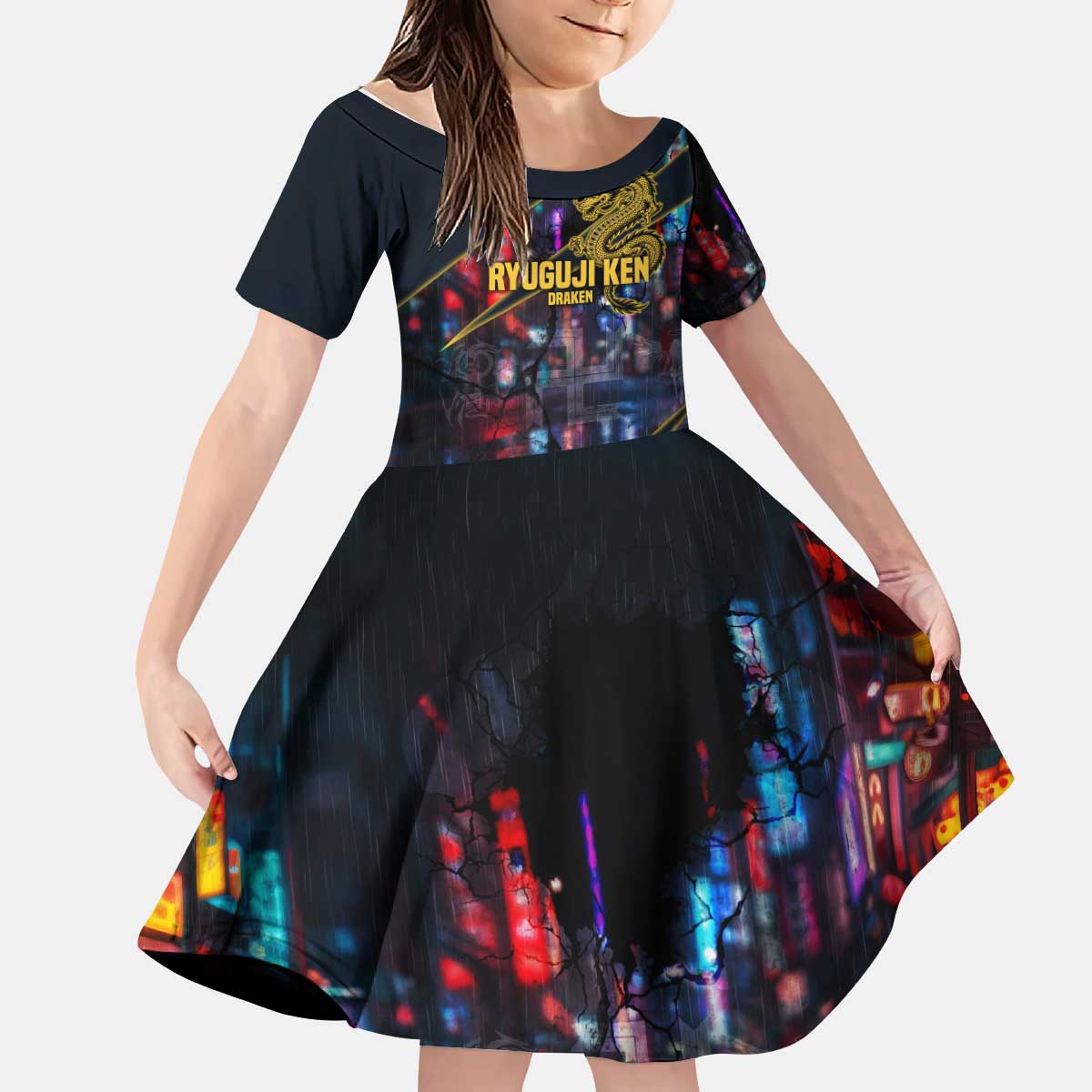 Ryuguji Ken Draken Kid Short Sleeve Dress Neon Dragon Yakuza Art Style