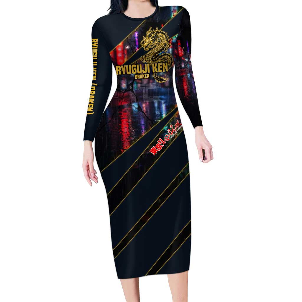 Ryuguji Ken Draken Long Sleeve Bodycon Dress Neon Dragon Yakuza Art Style