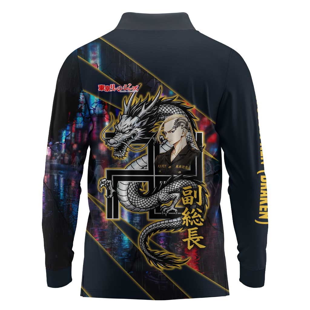Ryuguji Ken Draken Long Sleeve Polo Shirt Neon Dragon Yakuza Art Style