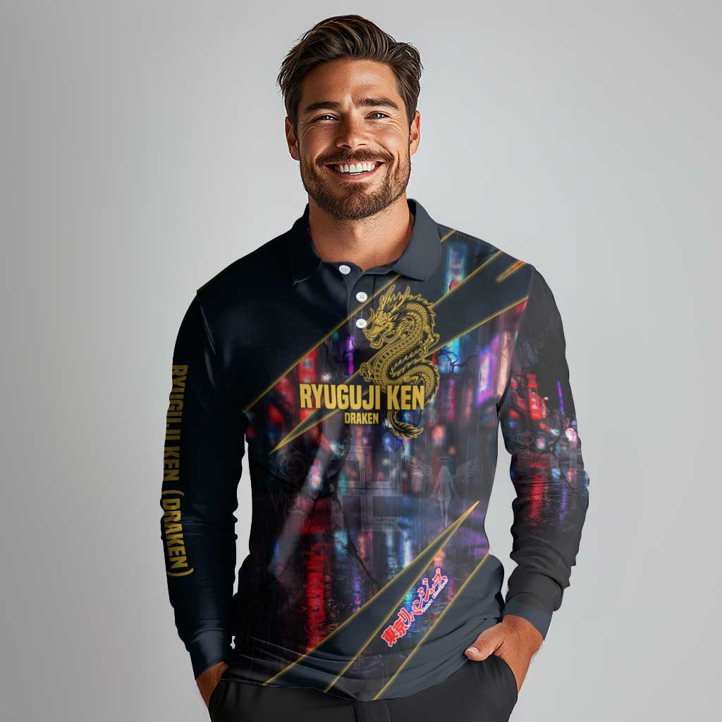 Ryuguji Ken Draken Long Sleeve Polo Shirt Neon Dragon Yakuza Art Style