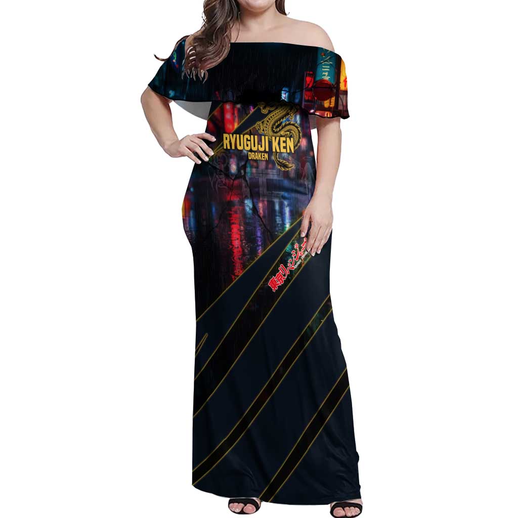 Ryuguji Ken Draken Off Shoulder Maxi Dress Neon Dragon Yakuza Art Style