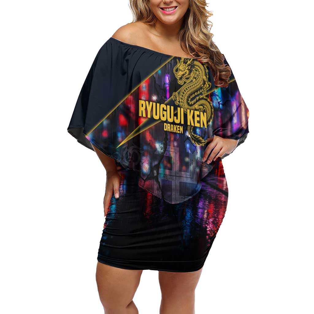 Ryuguji Ken Draken Off Shoulder Short Dress Neon Dragon Yakuza Art Style