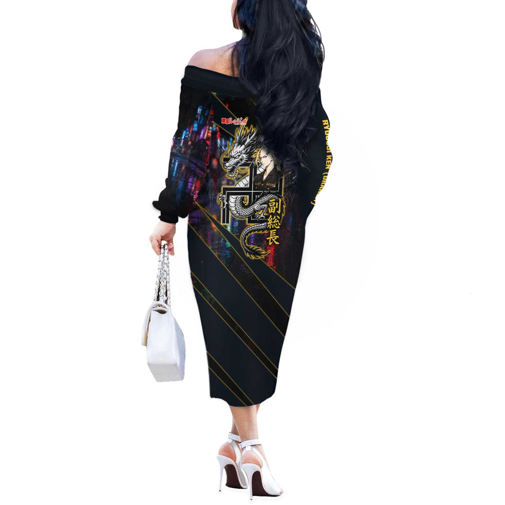 Ryuguji Ken Draken Off The Shoulder Long Sleeve Dress Neon Dragon Yakuza Art Style