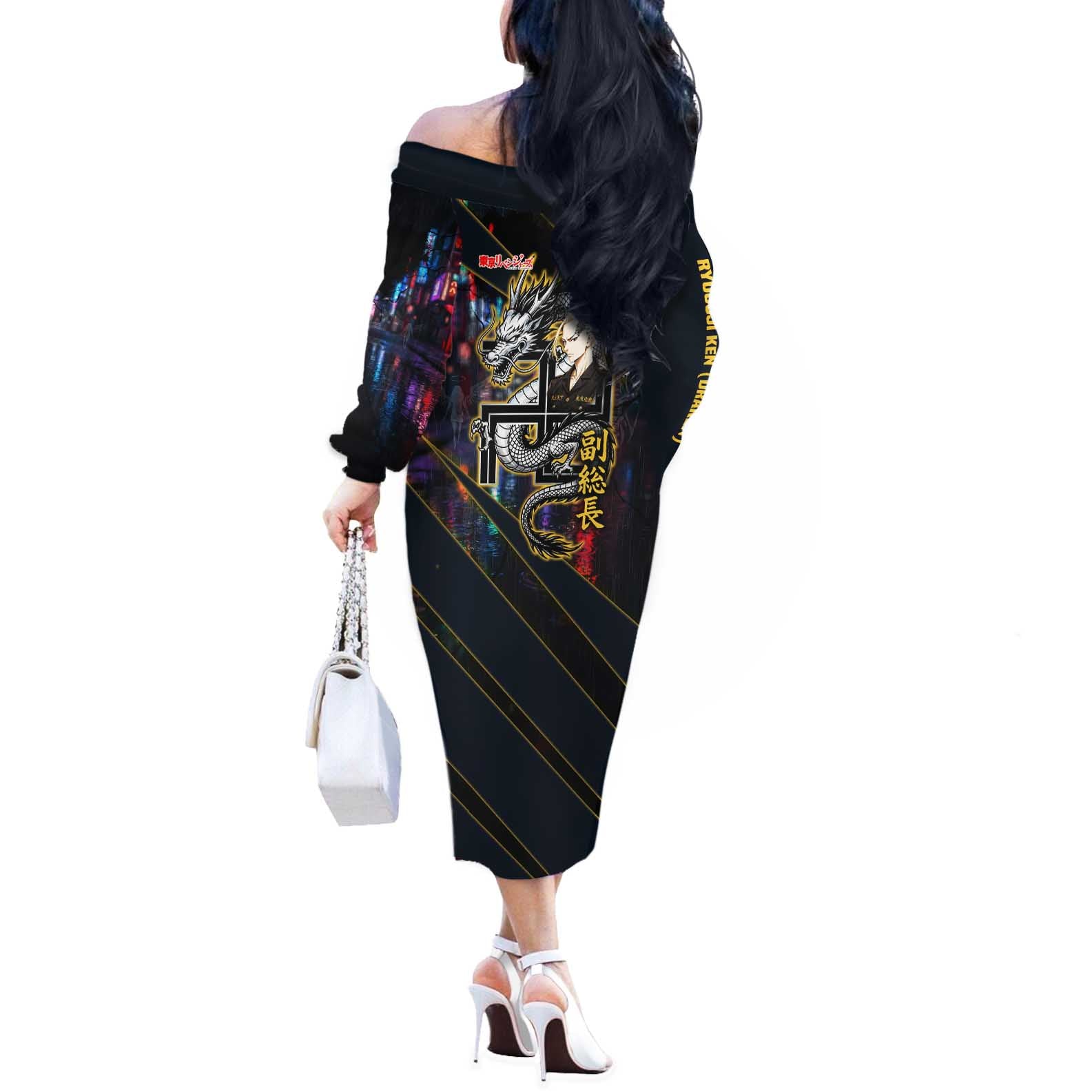 Ryuguji Ken Draken Off The Shoulder Long Sleeve Dress Neon Dragon Yakuza Art Style