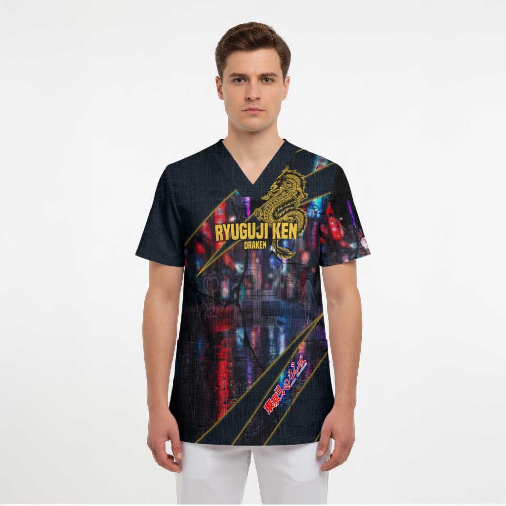 Ryuguji Ken Draken Scrub Top Neon Dragon Yakuza Art Style