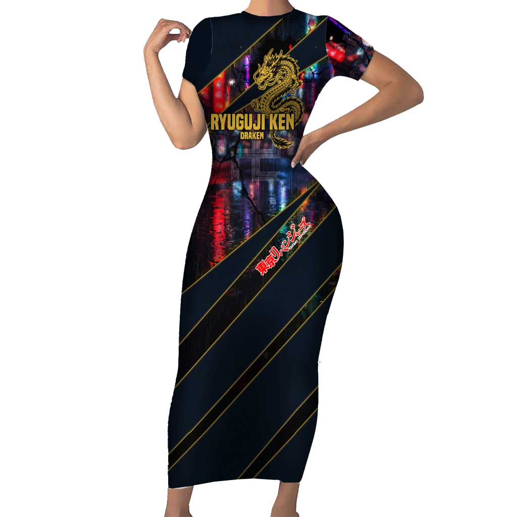 Ryuguji Ken Draken Short Sleeve Bodycon Dress Neon Dragon Yakuza Art Style